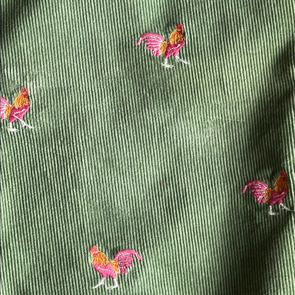 J. Crew Green Corduroy Boot-Cut Pants with Pink & Orange Embroidered Chickens - Picture 6 of 7